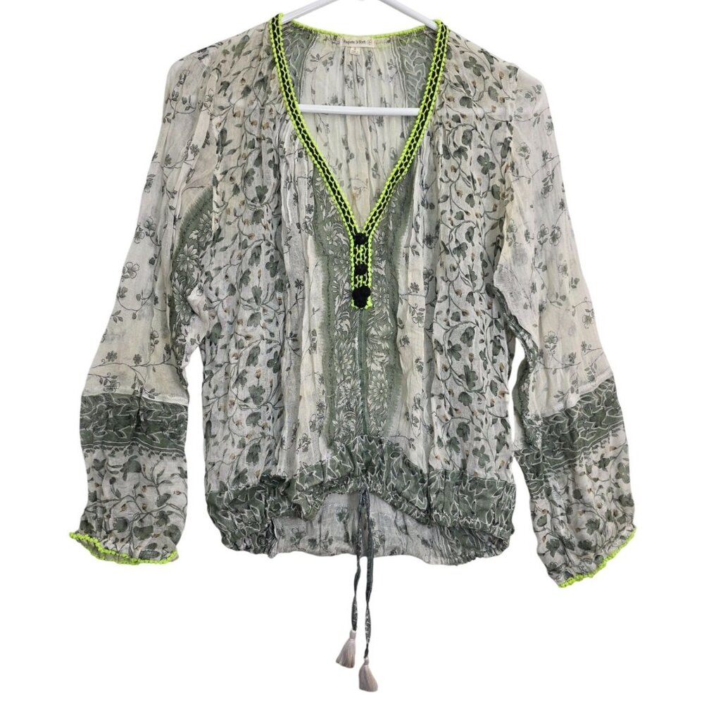 Poupette St. Barth Embroidered Top Floral Longsleeve Tassel Tie Blouse Shirt 2